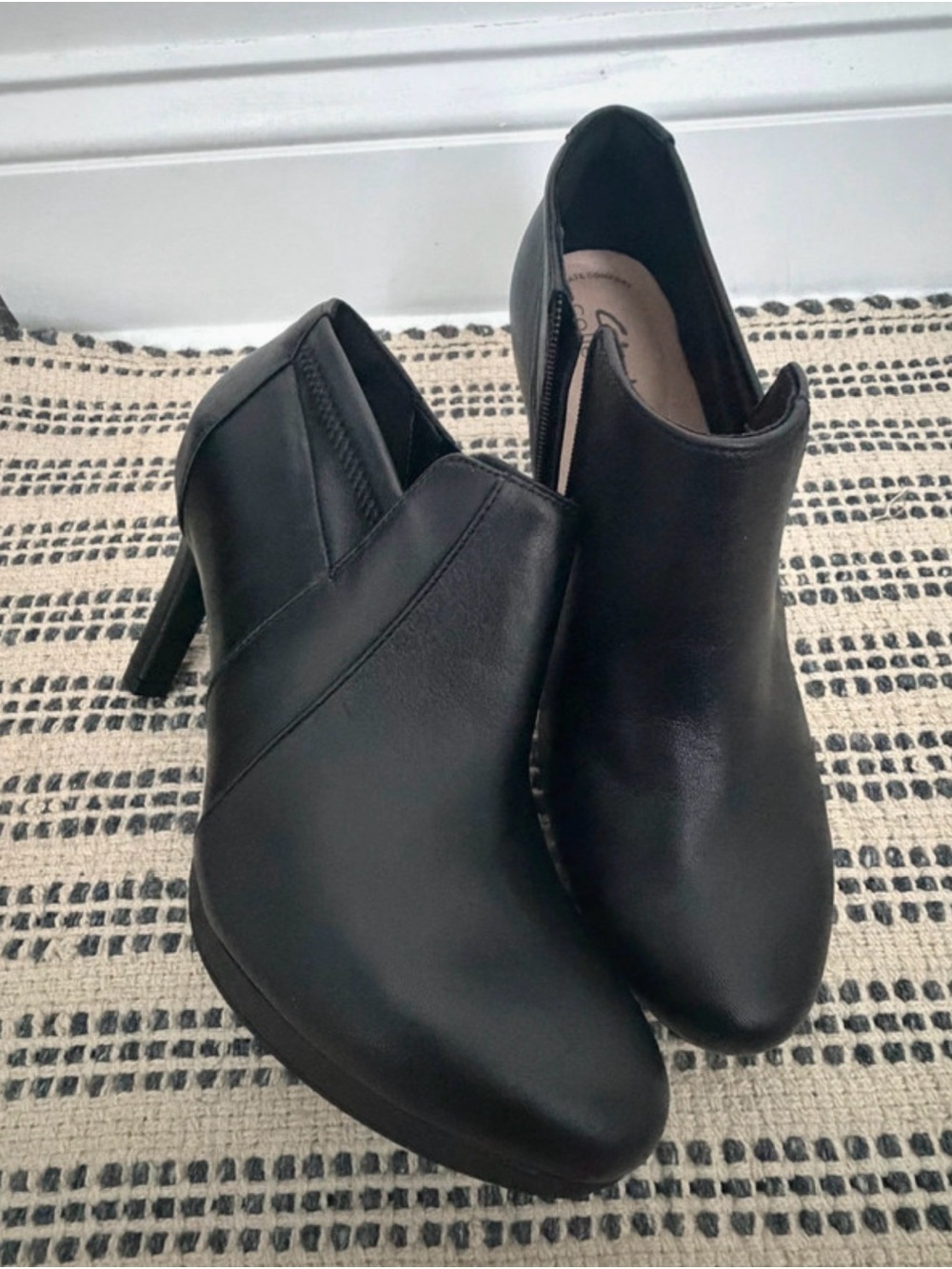 Clarks Black Leather Ankle Booties with Slim Heel